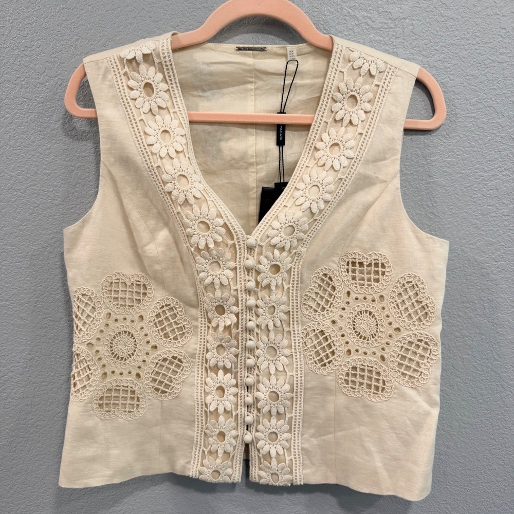 NEW $195 Elie Tahari Women M Parchment Linen Crochet Lace Vest Buttons Boho